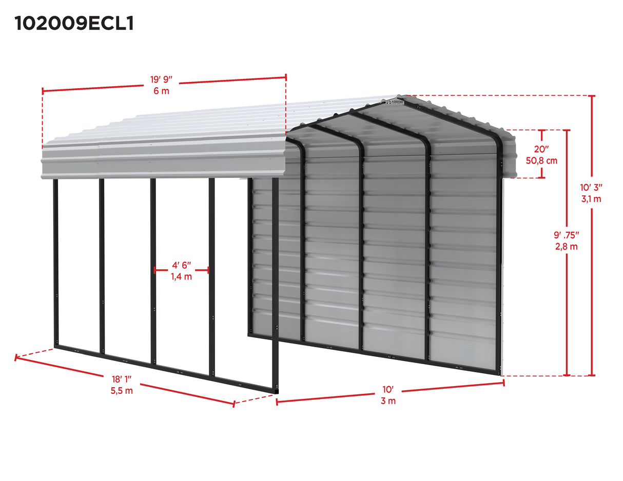 Arrow Carports Galvanized Steel Carport Metal Carport Kit, 10' x 20' x 9' , Eggshell