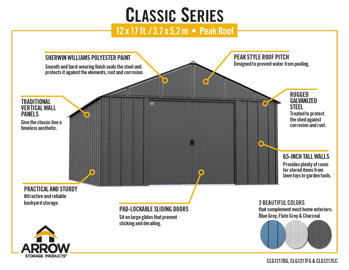 Arrow Classic Metal Shed, 12 x 17, Charcoal