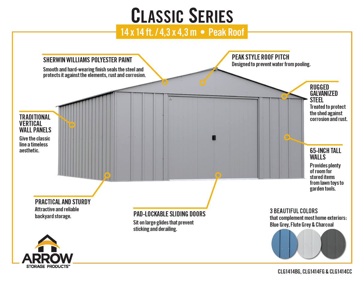 Arrow Classic Metal Shed, 14 x 14, Charcoal