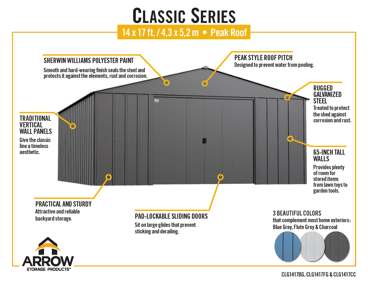 Arrow Classic Metal Shed, 14 x 17, Charcoal