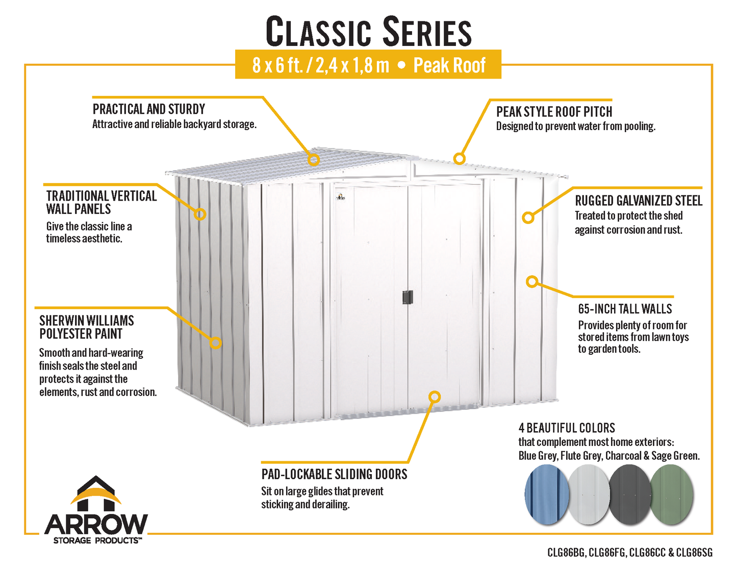 Arrow Classic Steel Storage Shed, 8x6, Flute Grey