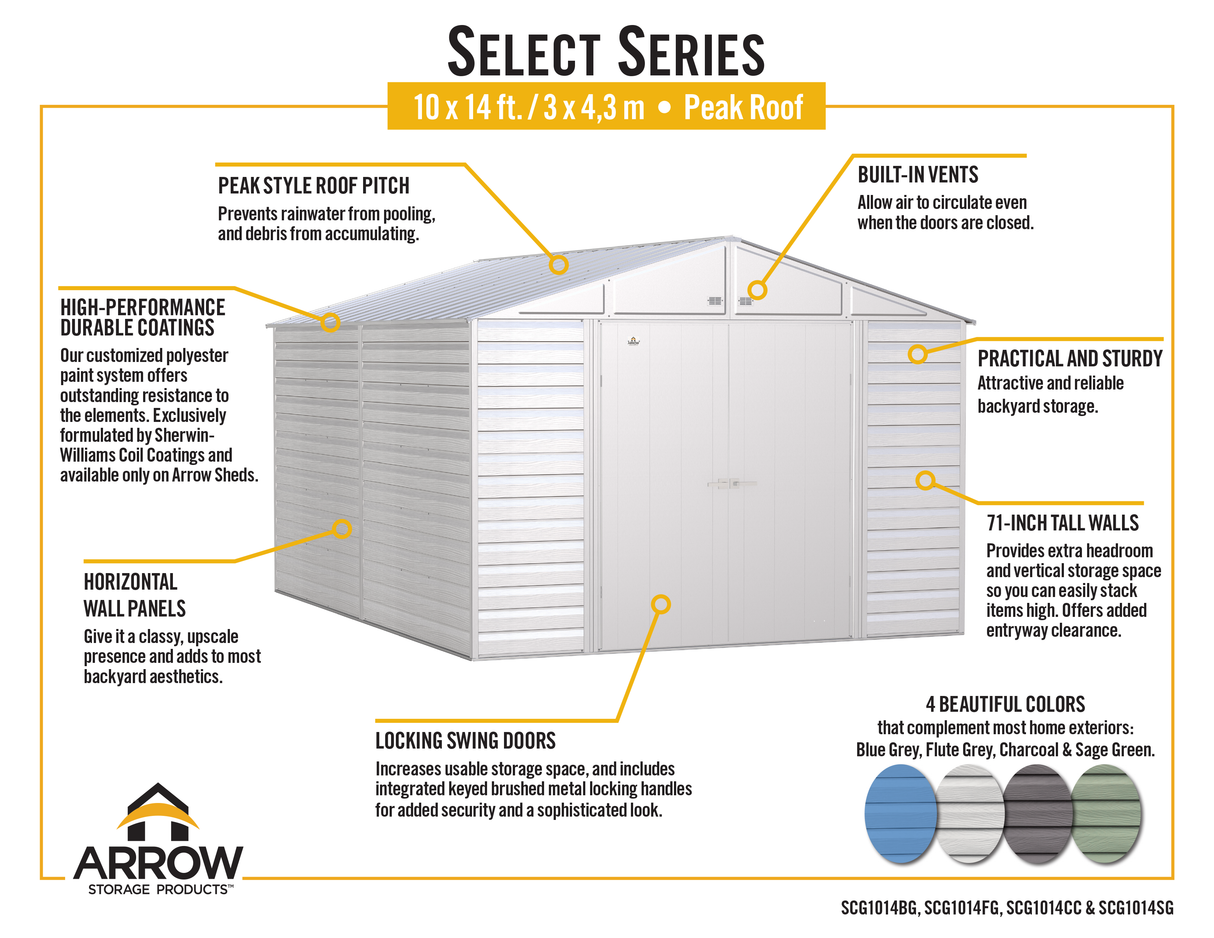 Arrow Select Steel Storage Shed Steel Storage Shed, 10x14, Charcoal