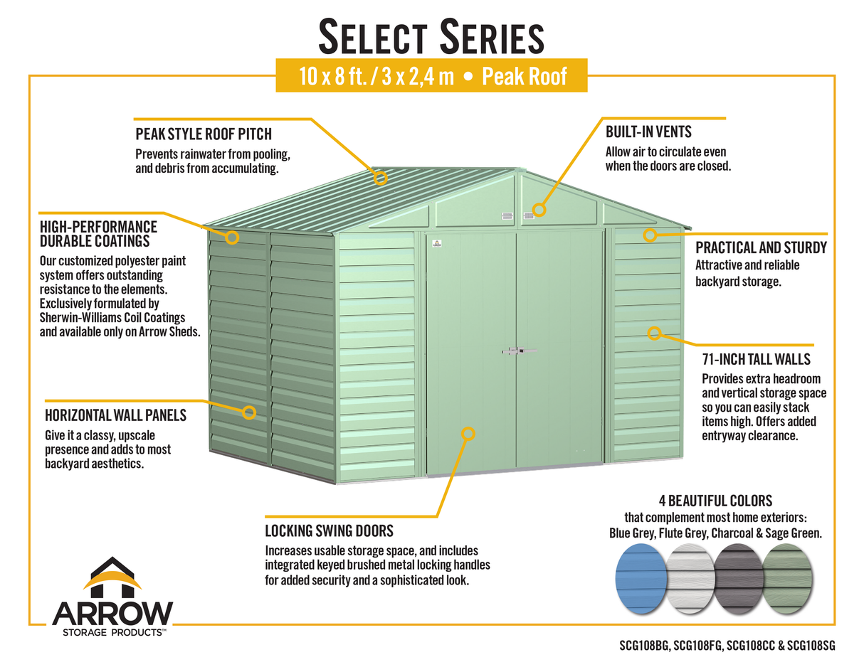 Arrow Select Steel Storage Shed Steel Storage Shed, 10x8, Charcoal