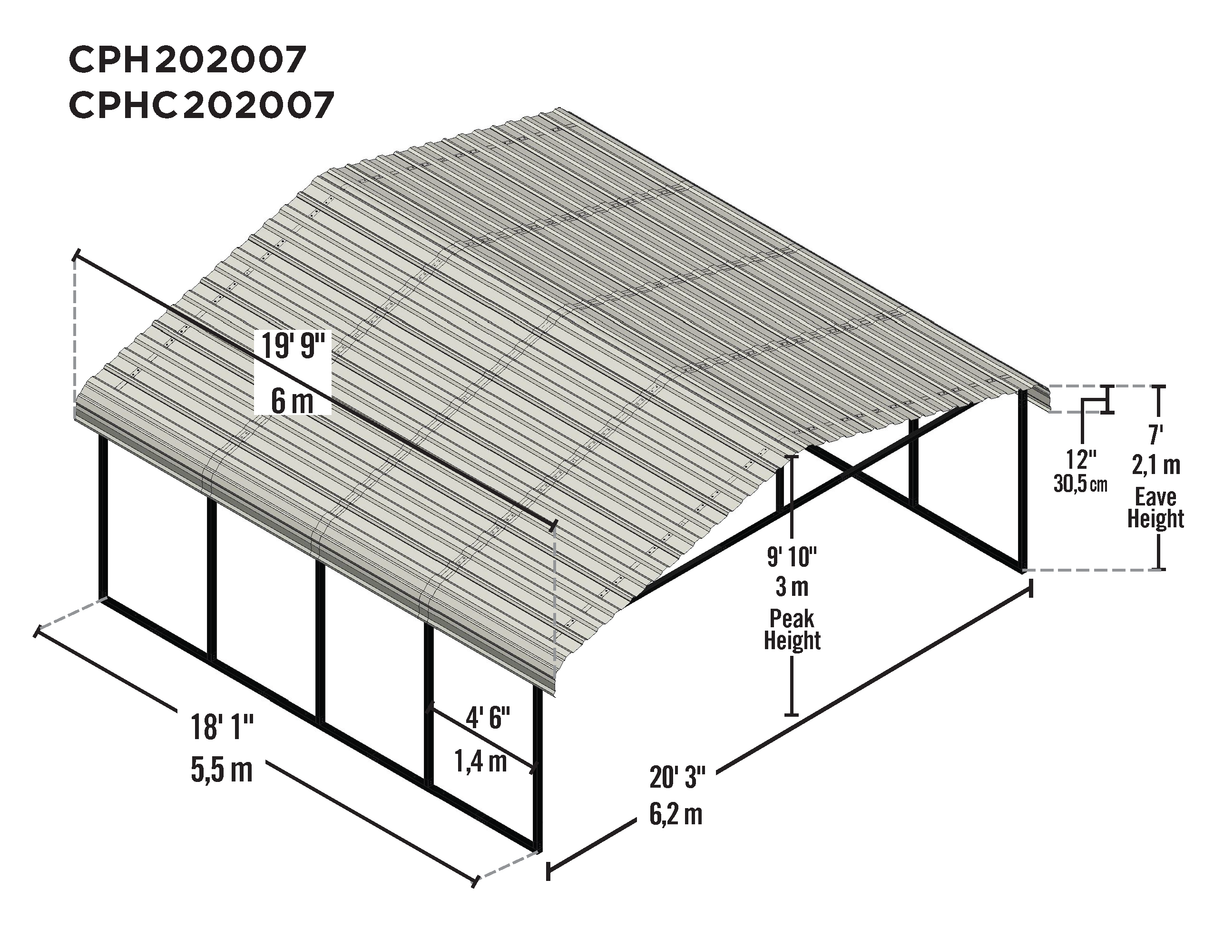 Arrow Carports Galvanized Steel Carport, Double Car Metal Carport Kit,  W/1SIDED ENCL  20' x 20' x 7', Charcoal (Copy)