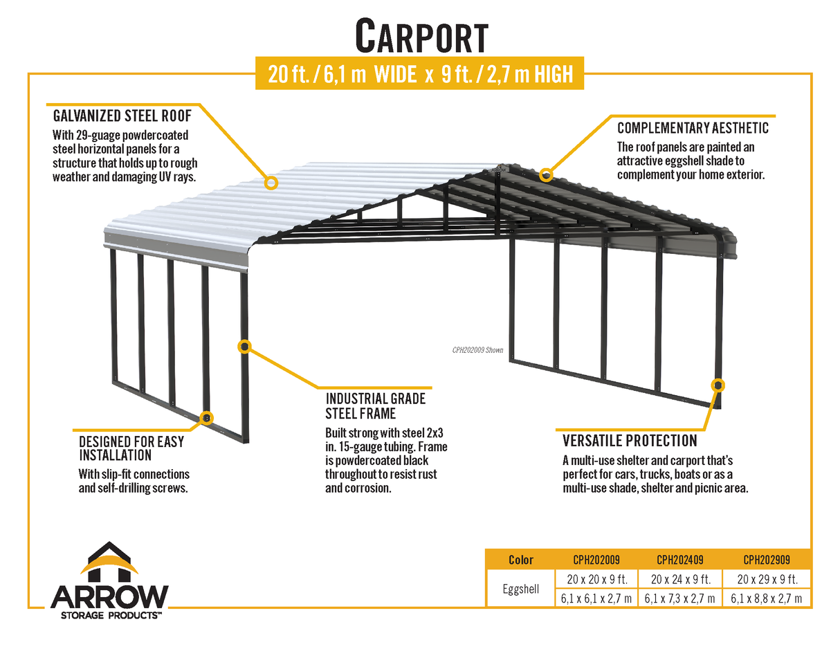 Arrow Carports Galvanized Steel Carport, Double Car Metal Carport Kit, W/2SIDED 20' x 29' x 9', Eggshell