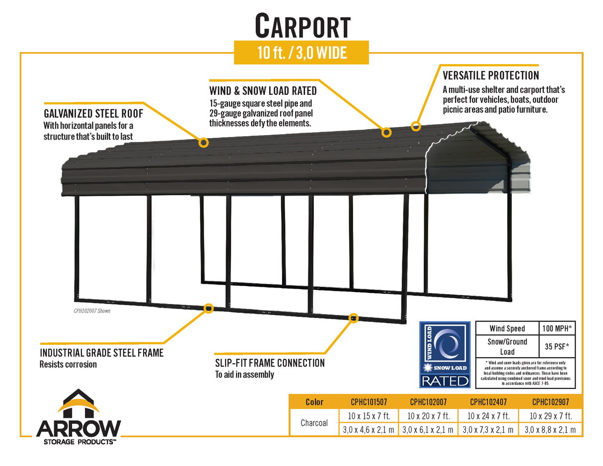 Arrow Carports Galvanized Steel Carport, Compact Car Metal Carport Kit, W/2SIDED ENCL 10' x 15' x 7', Charcoal