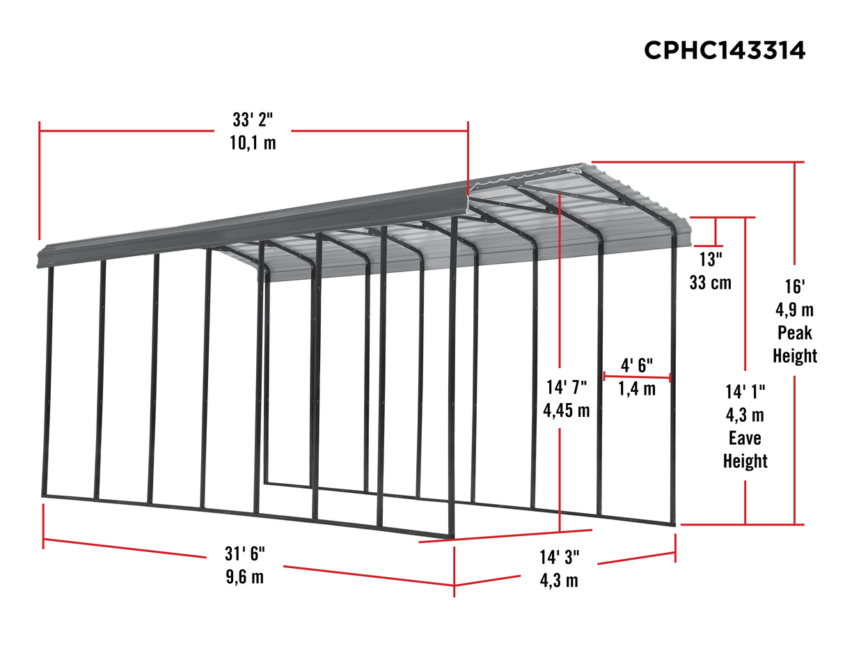 Arrow Carports Galvanized Steel Carport, RV Metal Carport Kit, 14' x 33' x 14', Charcoal