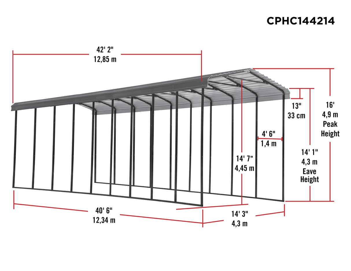 Arrow Carports Galvanized Steel Carport, RV Metal Carport Kit, 14' x 42' x 14', Charcoal