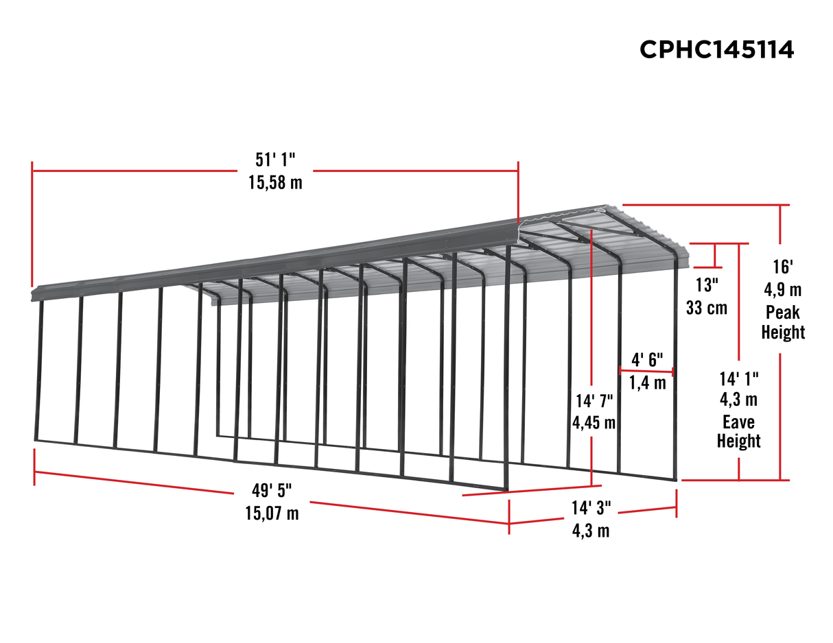 Arrow Carports Galvanized Steel Carport, RV Metal Carport Kit, 14' x 51' x 14', Charcoal