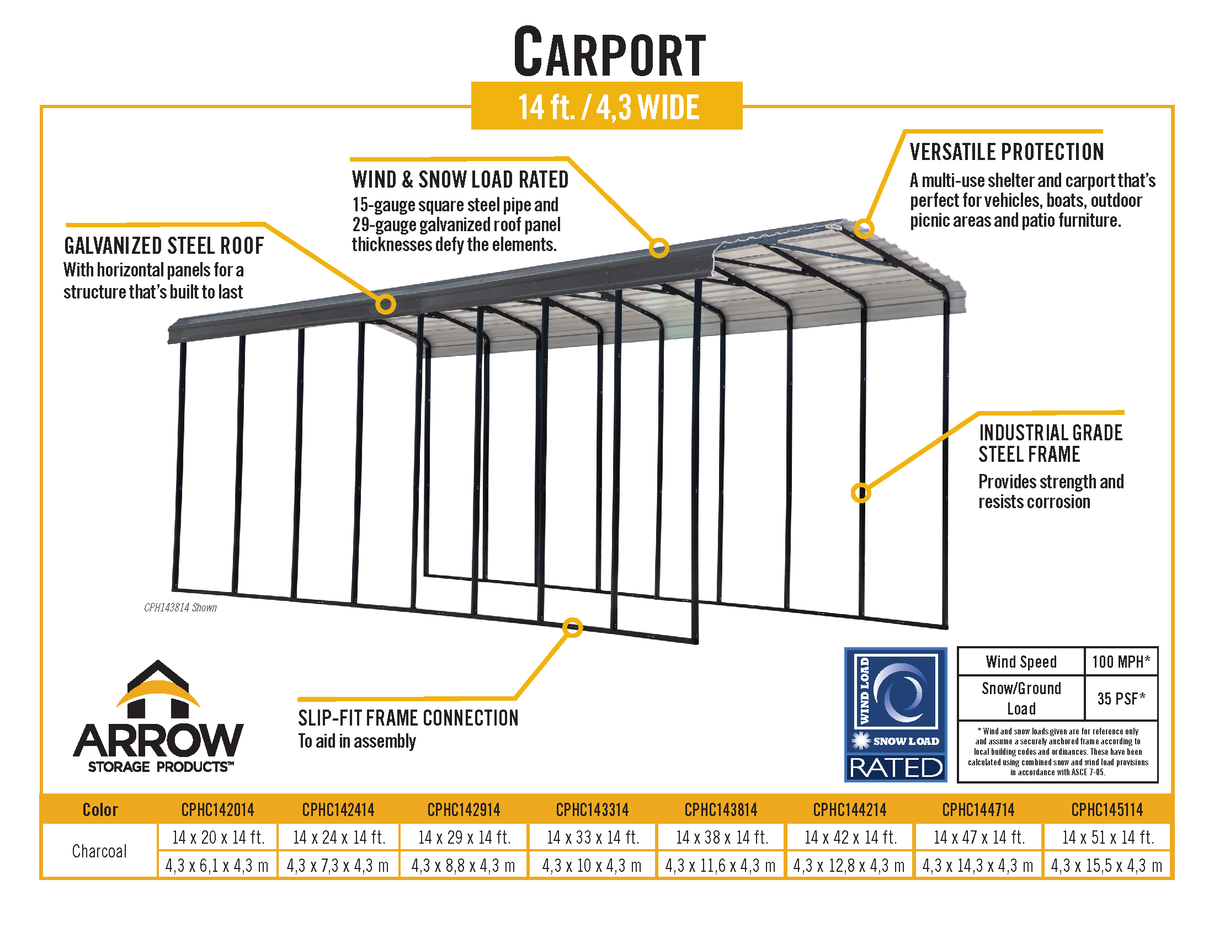 Arrow Carports Galvanized Steel Carport, RV Metal Carport Kit, 14' x 33' x 14', Charcoal