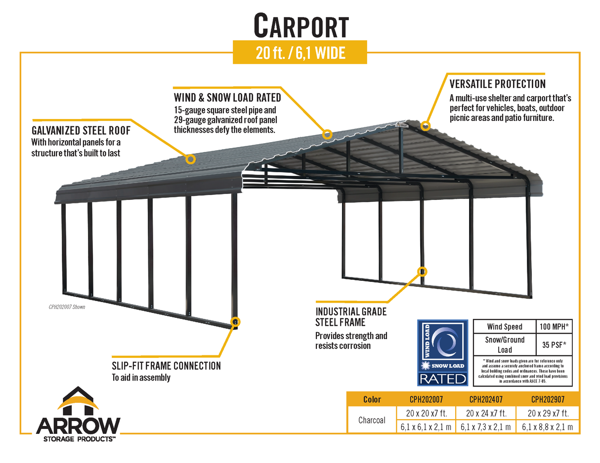 Arrow Carports Galvanized Steel Carport, Double Car Metal Carport Kit,  W/1SIDED ENCL  20' x 20' x 7', Charcoal (Copy)