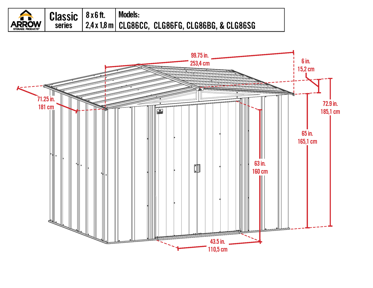 Arrow Classic Steel Storage Shed, 8x6, Sage Green