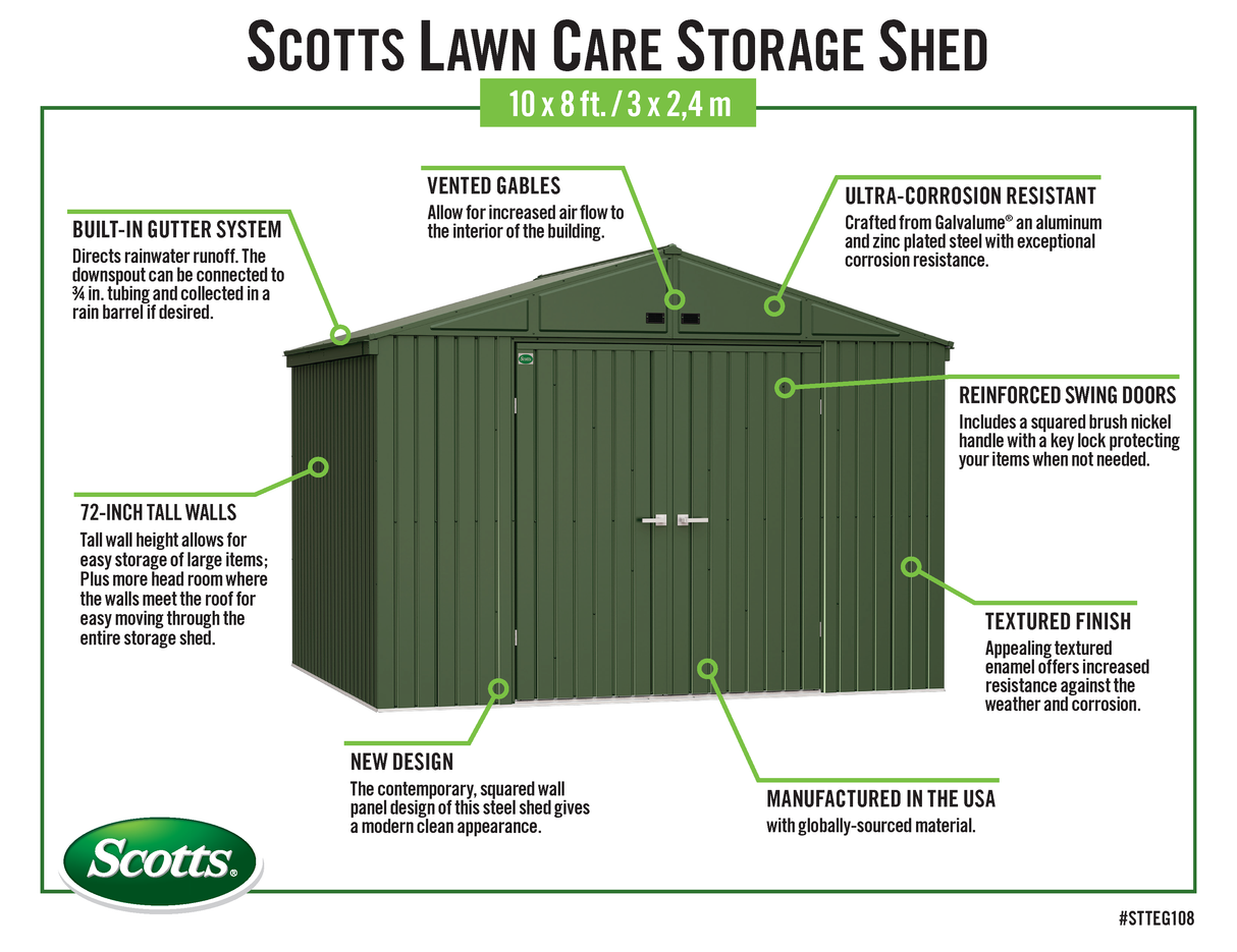 Scotts Lawn Care Storage Shed, 10x8, Green