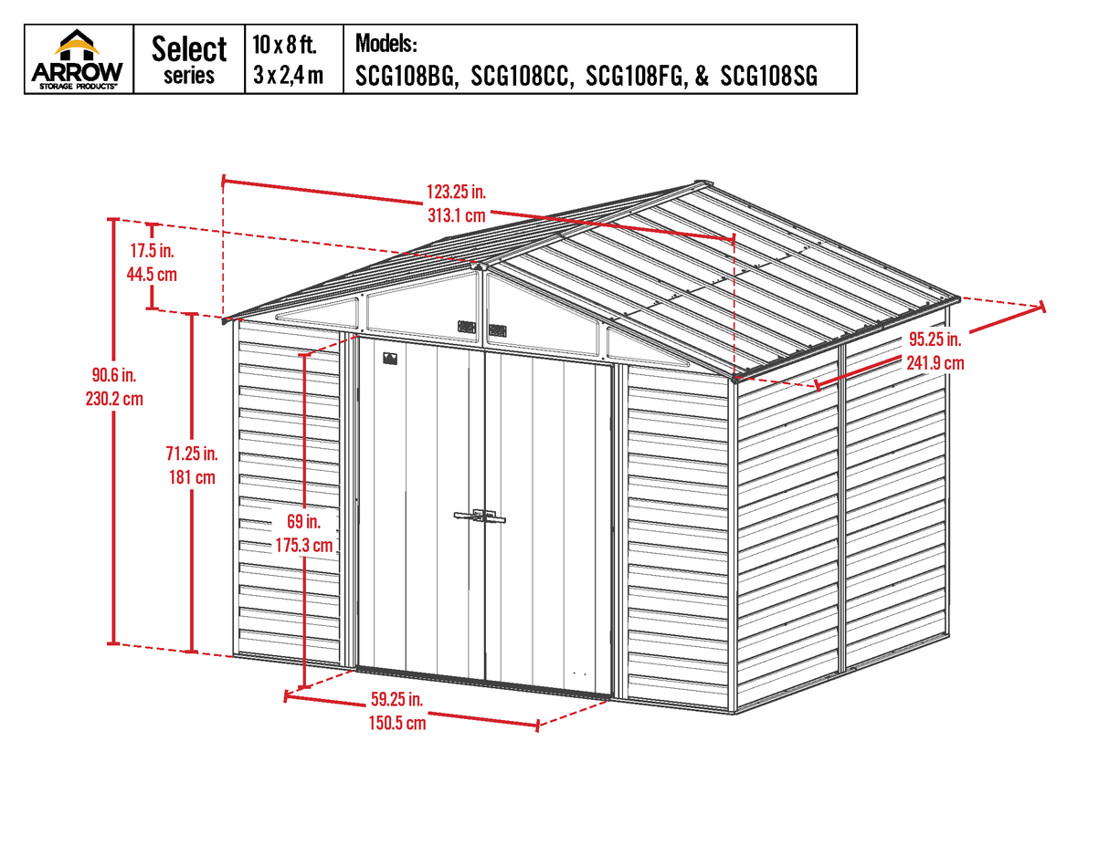 Arrow Select Steel Storage Shed Steel Storage Shed, 10x8, Charcoal