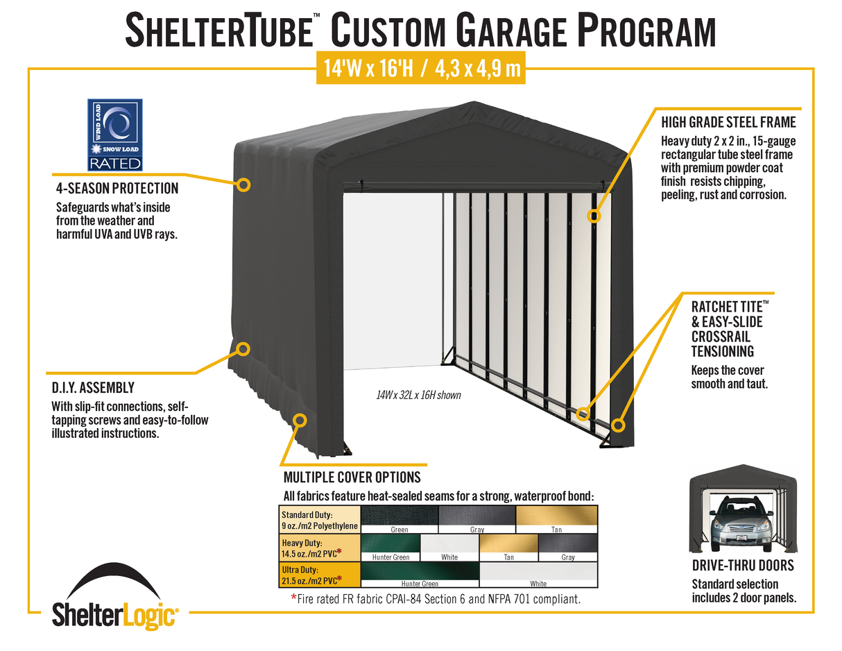 ShelterTube Wind and Snow-Load Rated Garage, 14x27x16 Green